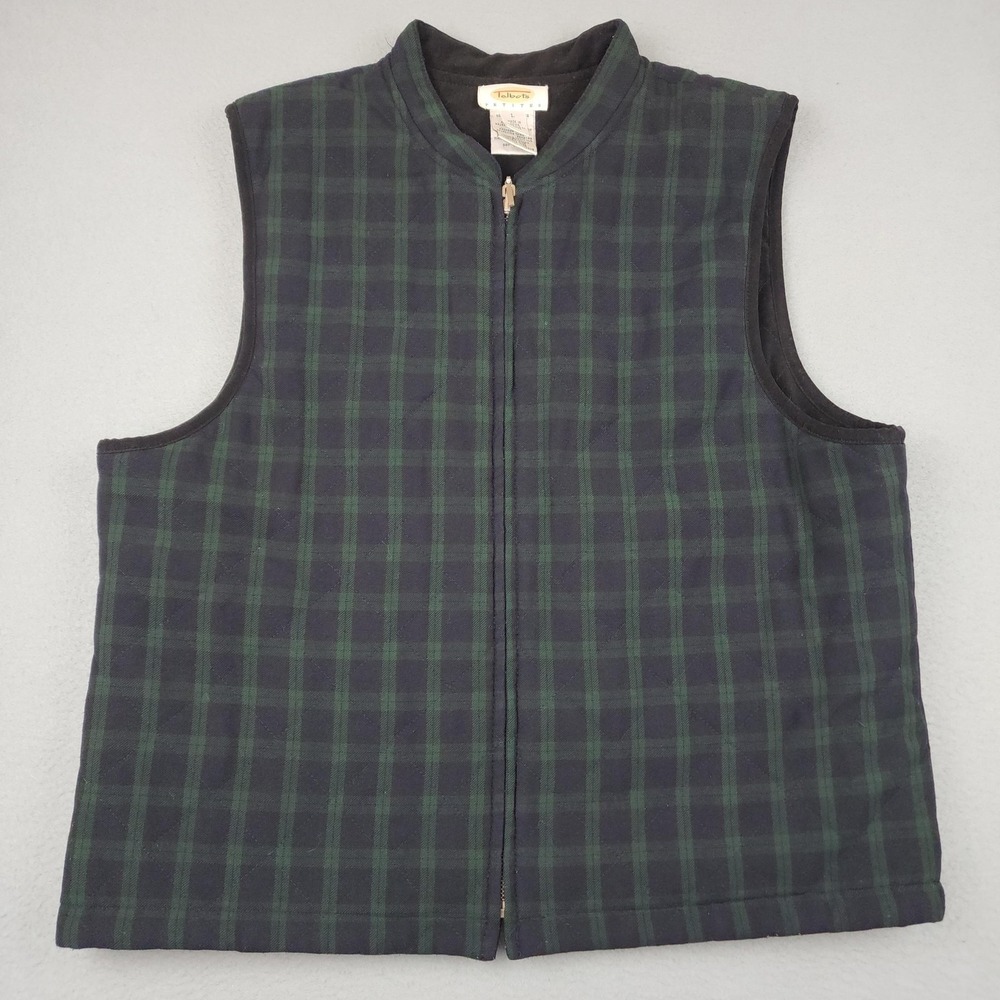 Talbots Vest Women Large Petite Blue Plaid Quilted Full Zip Lined Flannel Career